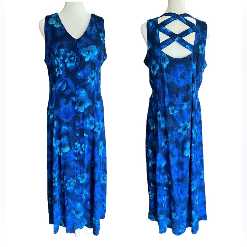 VTG 90s Y2K Blue Tropical Floral Maxi Dress Button-Front Criss-Cross Back‎ Boho